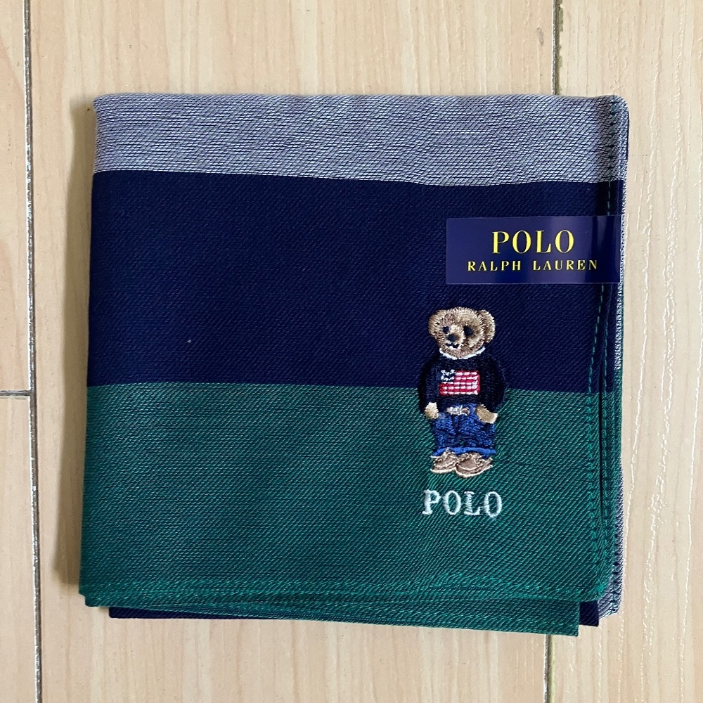 New Polo Ralph Lauren Bear Handkerchief Scarf Pocket Square Green Grey Stripes